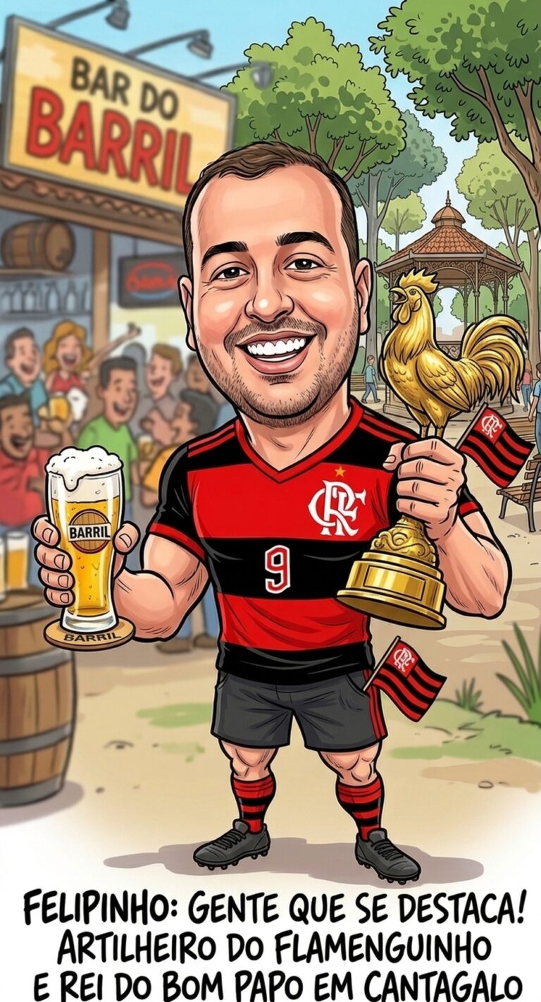Caricatura de Felipinho Richa de camisa 9 do Flamengo na porta do Bar do Barril, com um galo dourado e o coreto da praça de Cantagalo ao fundo