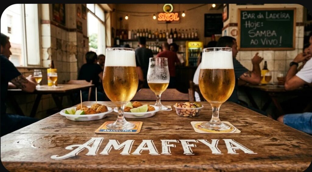 Mesa de bar com canecas de chope e petiscos