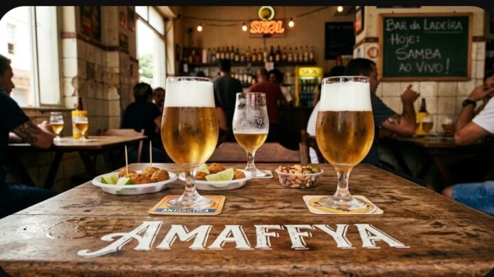 Mesa de bar com canecas de chope e petiscos
